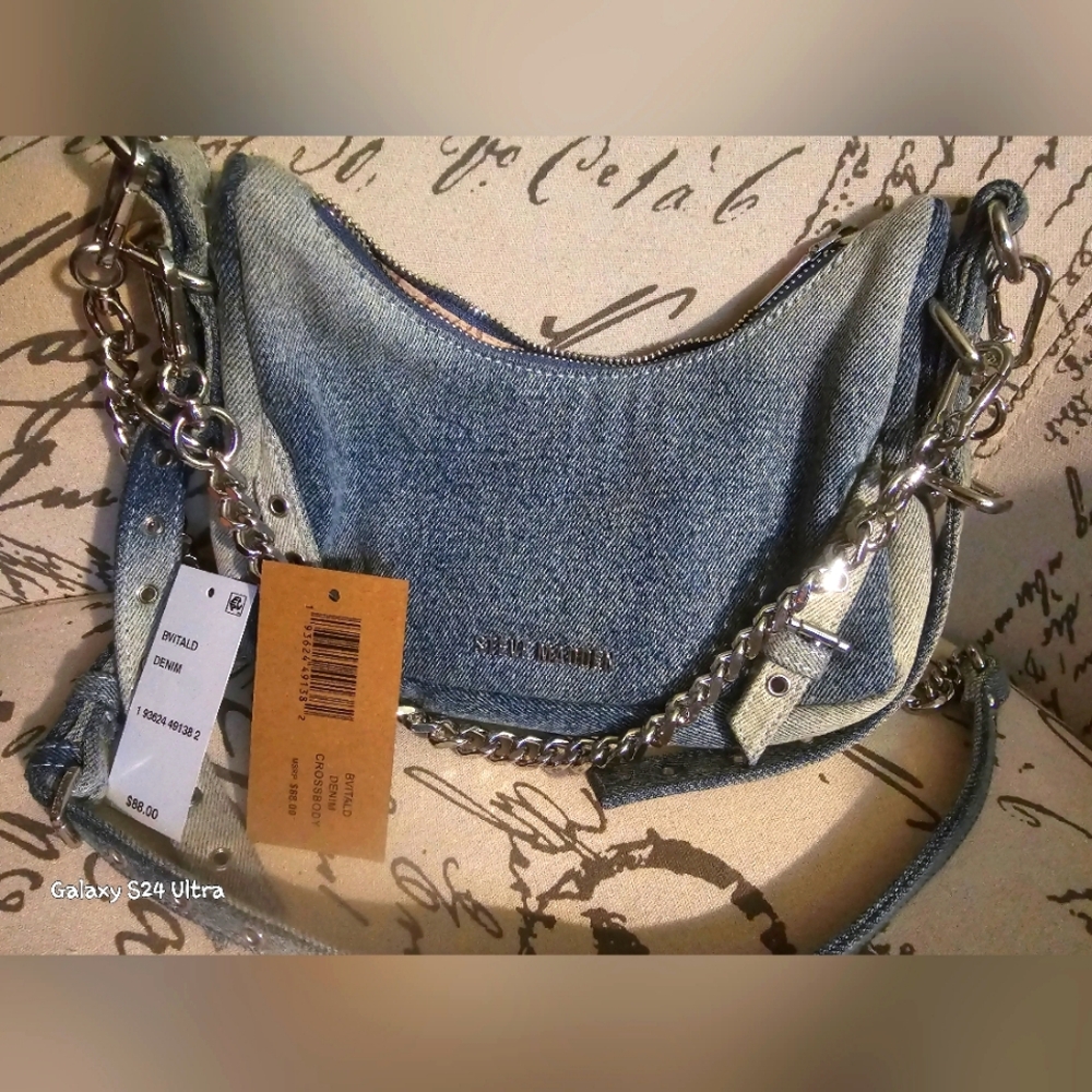 Denim Shoulder Bag with Chain Detail